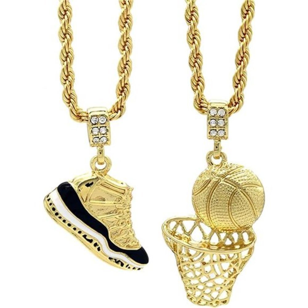 Men's Fully Iced Out Gold Sneakers and Basketball Chain Necklace